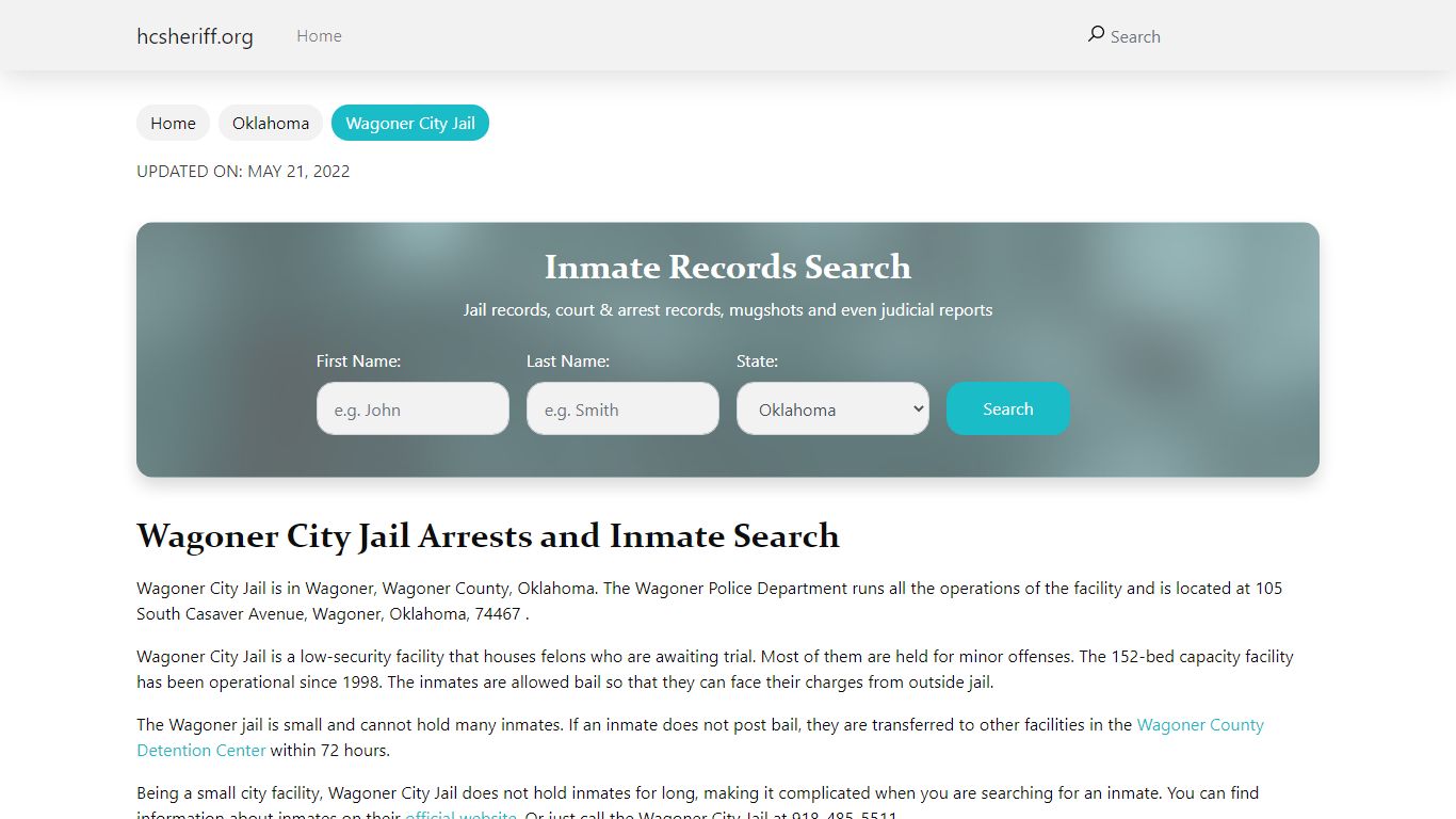 Wagoner City Jail Arrests and Inmate Search - hcsheriff.org