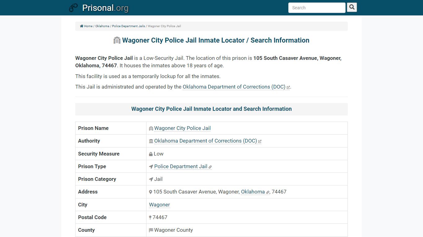 Wagoner City Police Jail-Inmate Locator/Search Info, Phone ...